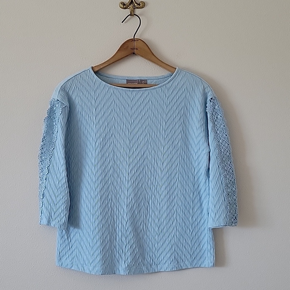 Chico's Light Blue Crochet Lace 3/4 Length Sleeve‎ Tee Size Small